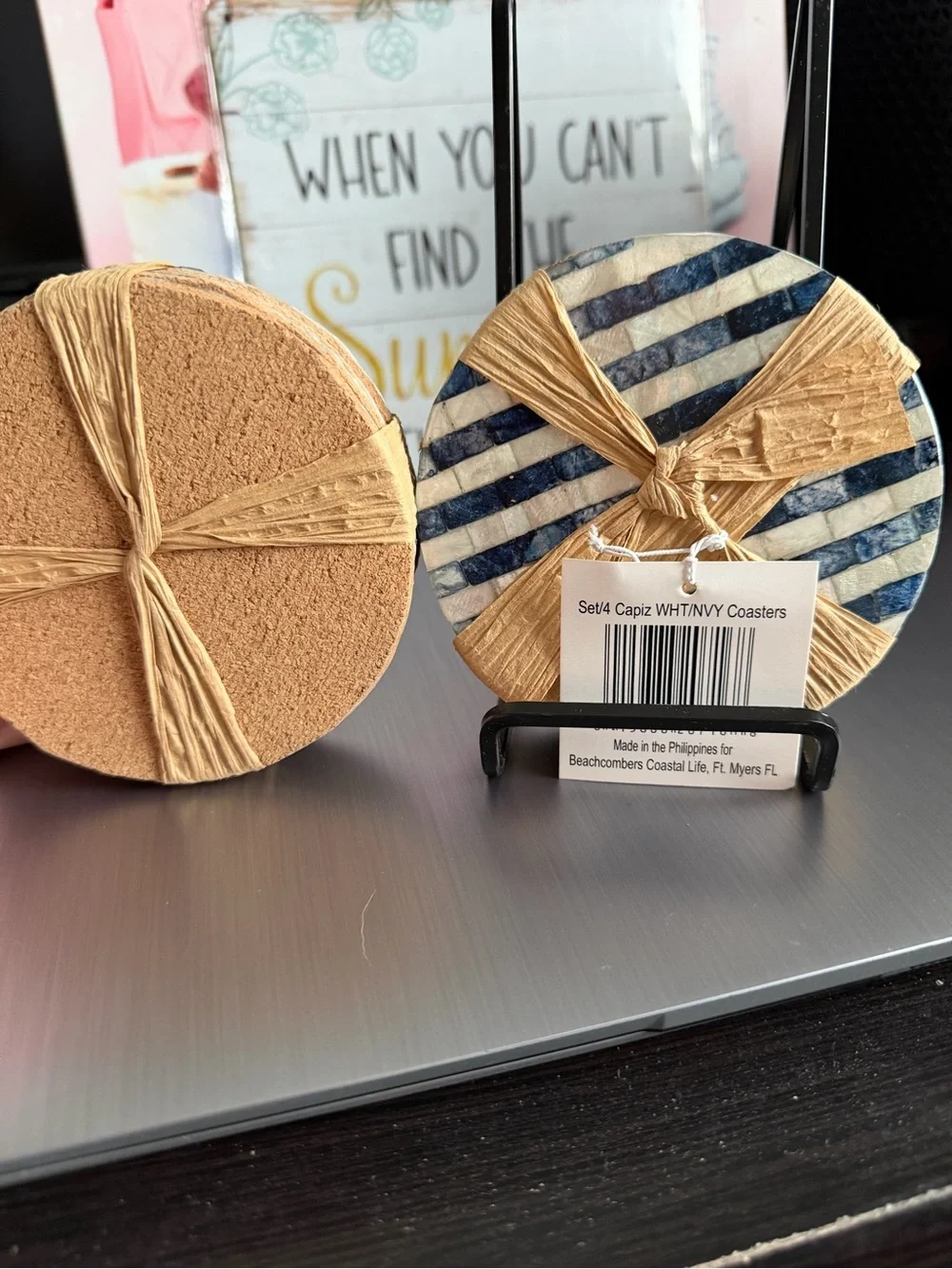 Capiz Striped Round Coaster Set - White & Navy Set of 8